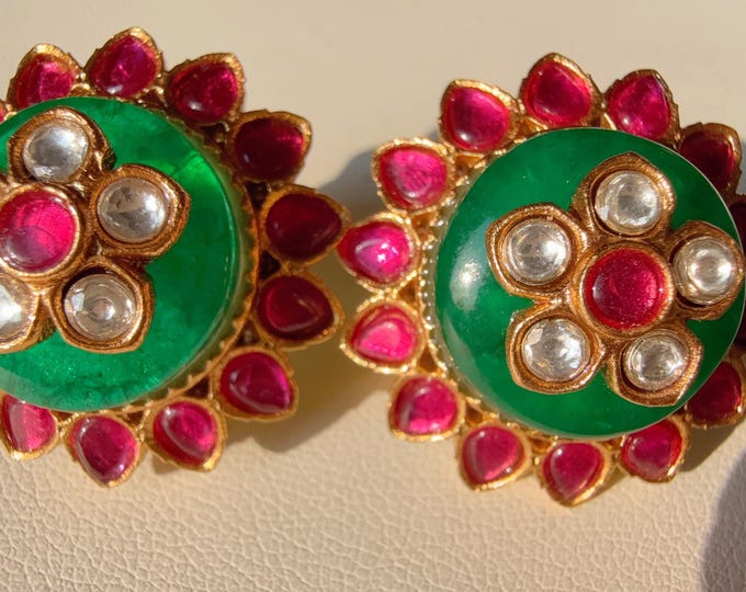 Ruby Green Doublet stud  Earrings/Moissanite  diamond Kundan Studs /Indian Jewelry /Statement Stud Earring/Indian studs