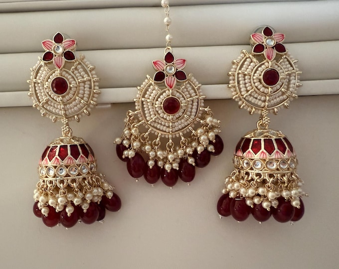 Maroon Kundan Tikka Meenakari jhumka Earring Set//Indian Bridal Maang Tikka Set/ Indian jewelry/jewelry/Bridesmaid Gifts/Kundnan jewelry set