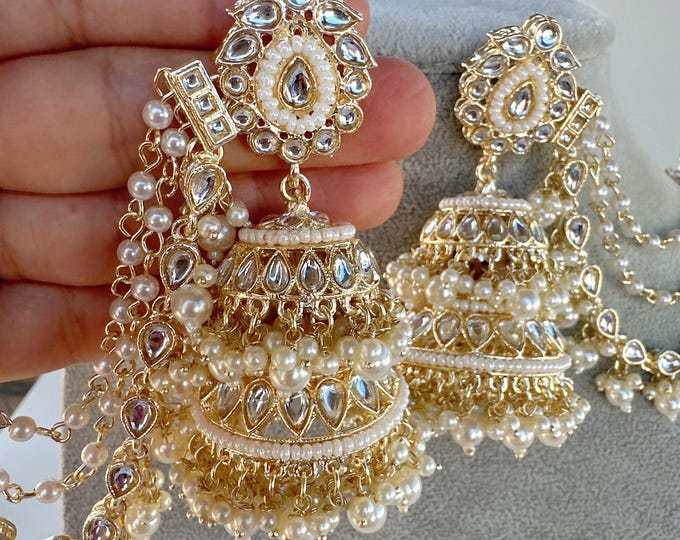 Bahubali Kundan Pearl Jhumka Earrings Set  With Earchain Sahare /Bahubali Kundan & Pear Jhumka / Indian Jewelry/ Bridesmaid Gifts