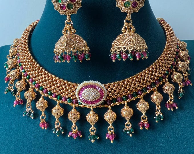 Gold Ruby greenThushi Necklace / Kolhapuri Thushi/ Indian Gold Necklace Set/ /Thushi choker /South Indian jewelry/Indian Wedding jewelry