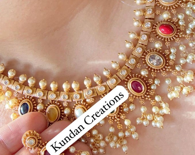 Gold plated Navratna  Necklace /South Indian jewelry/Indian Wedding jewelry/Gold Finish Navratan stone necklace/Bridal Necklace