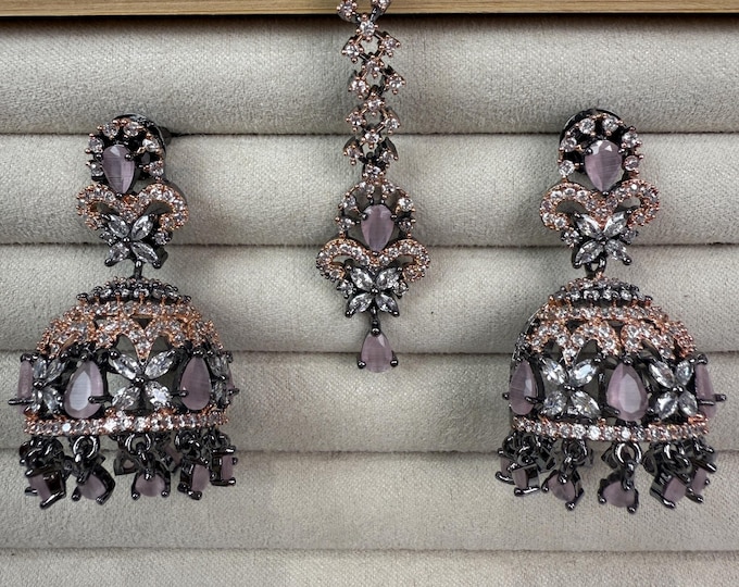 Victorian Rose Gold finish Baby Pink CZ earrings and Mang tika set/Brida/ Baby Pink  Maang tikka earring set / Indian jewelry/