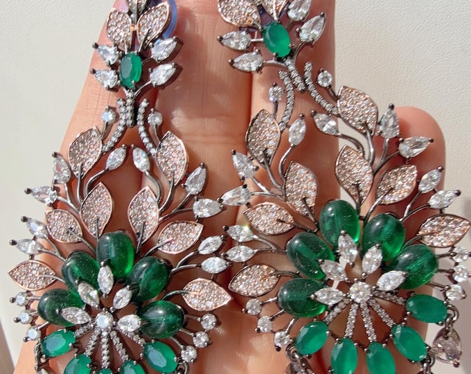 Lightweight Rose Gold black  CZ  diamond  Chandelier Earrings/Diamond Chandelier Rose gold green Earrings/Flower Drop Dangle Earrings