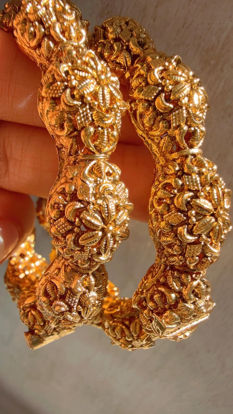 Antique Gold Temple Bangles | Heavy Bridal Gold Look Bangles ...