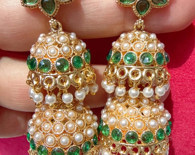 Kundan polki pearl green double jhumka /gold plated Earrings  / Dangle Drop gold Jhumkas /Indian wedding/Kundan Jhumka/