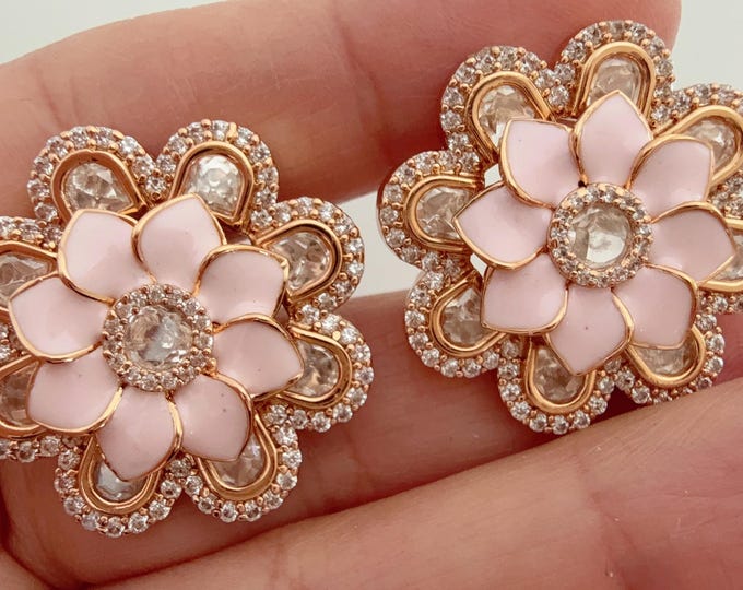 Moissanite  Meenakari diamond Baby pink Kundan Studs /Indian Jewelry /Statement Stud Earring/Kundan Stud Earrings/Studs/Diamond  Mint Studs