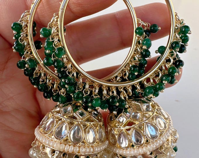 Green Bali hoops Earrings/ Punjabi Bali Hoops /Indian Earrings/ Indian Wedding Sangeet Jewelry / Kundan Jhumka /Bridesmaid Jewelry