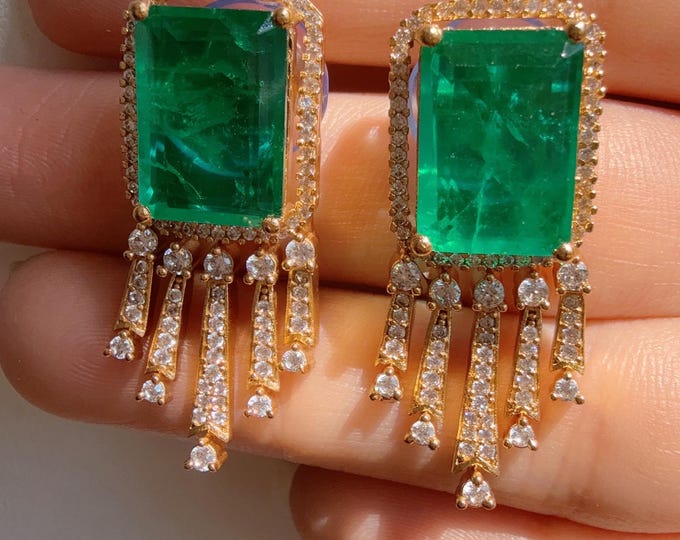 Diamond   Doublet Green  Stud Earrings/Moissanite  diamond Kundan Studs /Indian Jewelry /Statement Green Stud Earring/