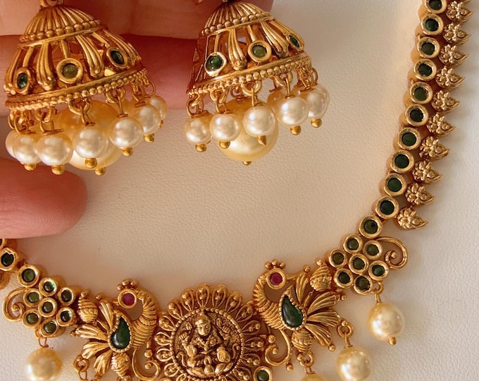 Green peacock  Necklace with jhumka /Indian Choker /Guttapusalu necklace /Temple jewelry/South Indian jewelry/Indian Wedding  green jewelry