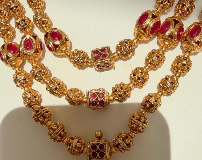 3 Layer Indian necklace / Gold Ball Necklace/Long Gold necklace/Beaded gold chain/Matar Mala/Bridal Indian necklace/Gold necklace