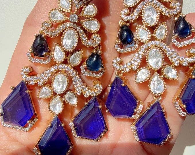 Sabyasachi-Inspired Moissanite Blue kundan Earrings/Elegant Statement Jewelry/Moissanite Sapphire blue Earrings/Bridal Diamond earrings