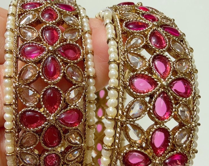 Openable Ruby  Kundan Polki bridal Bangles kada pair/antique Finished Kundan Polki wide Kada/Indian Jewelry/Ruby Kundan Kangan