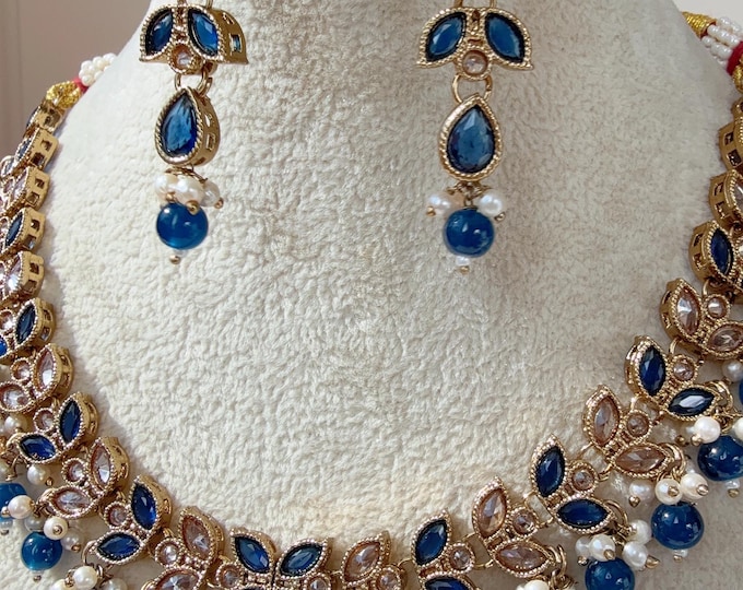 Antique Polki Kundan blue  necklace/Wedding necklace/Bridal necklace/Indian necklace/Indian jewelry/Blue necklace