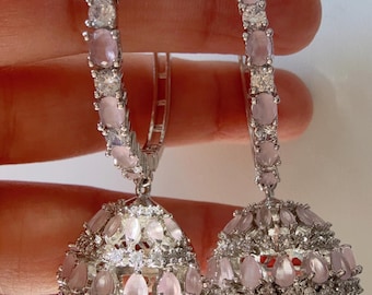 Zilveren bali-hoepels babyroze jhumka-oorbellen/Indiase sieraden Indiase oorbellen/Amerikaanse diamant babyroze jhumka/CZ-oorbellen/Indiase jhumka