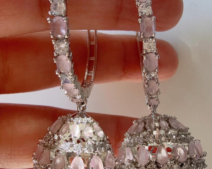 Silver  bali hoops Baby pink jhumka Earrings/ Indian Jewelry Indian Earrings/American Diamond baby pink jhumka/CZ Earrings/Indian jhumka