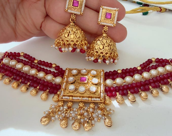 Ruby Kundan polki choker with jhumka set /Rajwadi finish Ruby  Choker Necklace /Temple jewelry/Indian jewelry/Indian Wedding Ruby jewelry