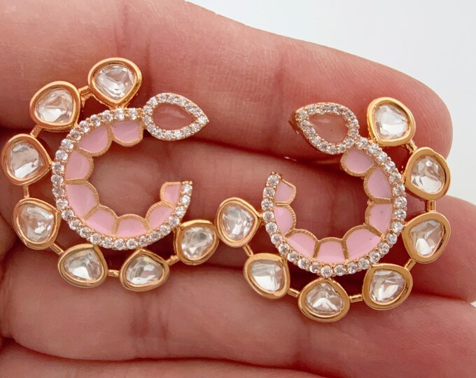 Moissanite Meenakari Baby pink Kundan Studs /Indian Jewelry /Statement Stud Earring/Kundan Stud Earrings/Diamond Meenakari Multi Stud