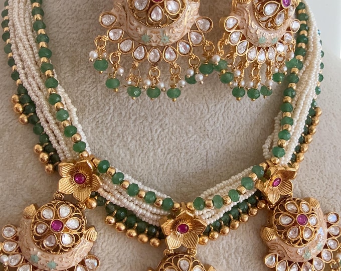 Ruby Green Antique Gold Kundan Necklace Set /Kundan green Meenakari handwork Bridal necklace Choker/Rajwadi set/Indian wedding jewelry/