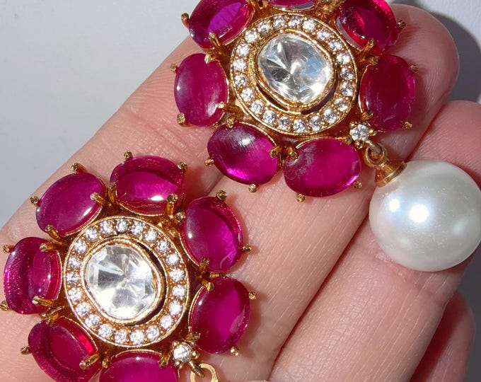 Ruby precious Stone stud Earrings/Moissanite  diamond Kundan Studs /Indian Jewelry /Statement Stud Earring/