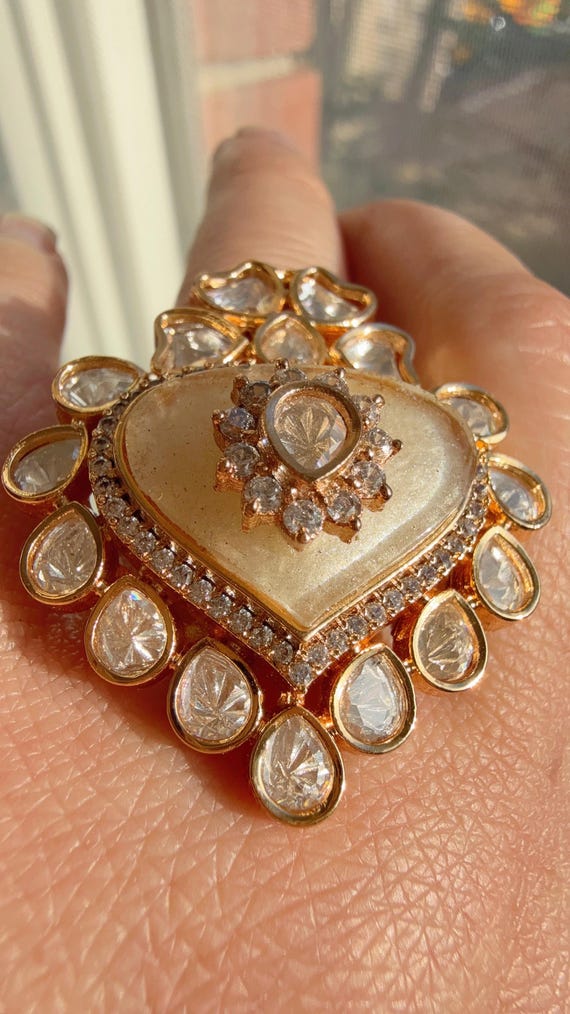 Anjali Bridal Kundan Moissanite Mother of pearl diamond Ring/Moissanite Mother of Pearl Ring/  Statement Gold Ring /Indian Wedding jewelry