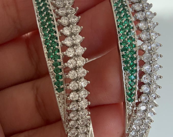 Rhodium Silver Emerald American diamond  bangles/ /American diamond bangles /Indian bangles/Indian Jewelry/ cubic zirconia green bangles