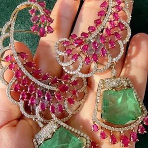 Simrat Diamond Earcuff Ruby Mint doublet Jhumkas/ear cuff jhumka   / Mint Jhumkas /Indian wedding/