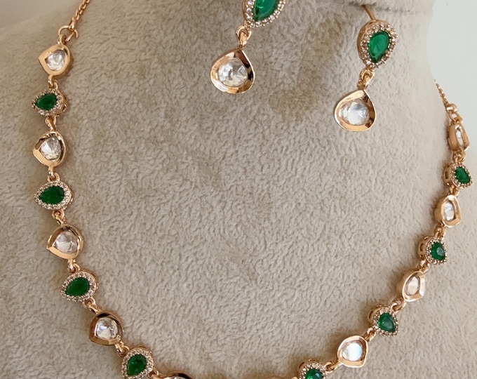 Green Emerald Petite size Kundan Jewelry Moissanite necklace /Necklace Moissanite chain /Indian Bridal Jewelry/Diamond Necklace Gift for Her