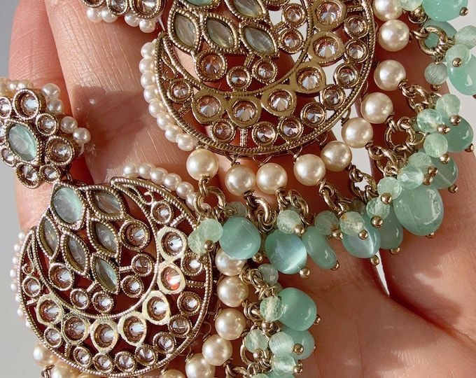 Mint  kundan chandbali earrings  jhumka/Kundan Earrings /Statement earrings /Bridal earrings/Pearl drop earrings/Mint   Antique earrings