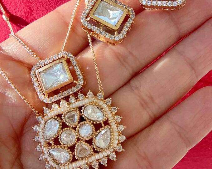 Moissanite stone Baby pink  long chain necklace Set/Kundan Stone long Necklace/ Indian wedding Jewelry/Moissanite Kundan  Jewelry