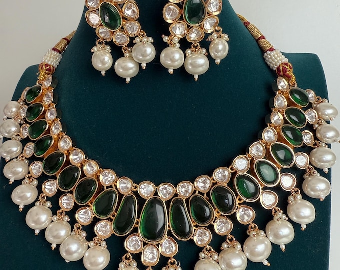 Polki Kundan Jewelry Moissanite green necklace stud set/Polki Kundan emerald  Necklace / Indian Bridal Jewelry/Indian Wedding jewelry