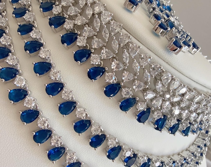 5 Layers Sapphire blue CZ diamond bridal choker necklace /Indian jewelry/ CZ bridal necklace/diamond jhumka chokerCZ Diamond necklace