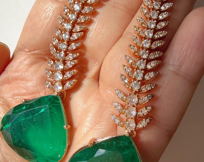 Green Emerald doublet diamond  Earrings/Chandelier Earrings/Rose Gold Finish doublet Green Earrings/Rose gold diamond earrings