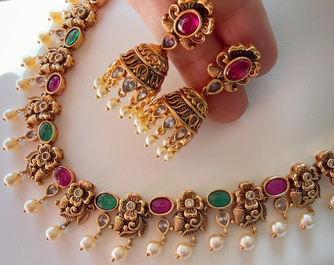 Ruby green Matt gold Necklace /Indian Choker /Guttapusalu necklace /Temple jewelry/South Indian jewelry/Indian Wedding jewelry
