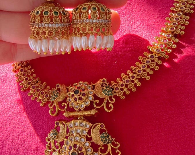 Kemp Ruby  green Jhumka necklace set /Indian Choker /Guttapusalu necklace /Temple jewelry/South Indian jewelry/Indian Wedding jewelry
