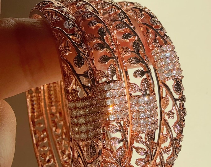 Rose Gold diamond Bangles /Flower Design real gold look like bangle design/Indian Bangles/ Indian jewelry/wedding jewelry/Rose gold kada