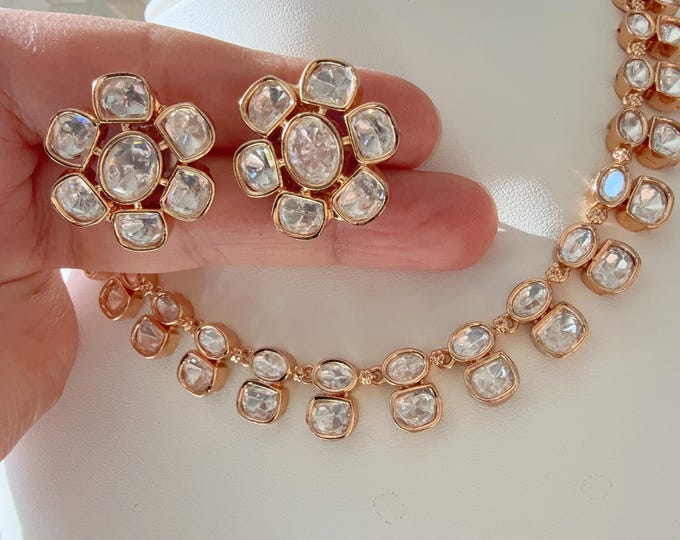 Moissanite  choker necklace stud set/Polki Kundan diamond  choker Necklace / Indian Bridal Jewelry/Indian Wedding jewelry