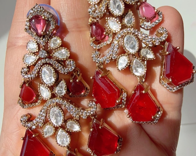 Sabyasachi-Inspired Moissanite Ruby kundan Earrings/Elegant Statement Jewelry/Moissanite Ruby  Earrings/Bridal Diamond earrings