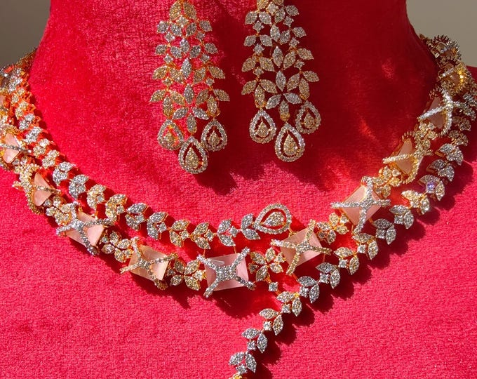 2 tone  Diamond Baby pink  Necklace  /Indian jewelry/ CZ Baby pink 2 tone Choker/Bridal diamond choker/Indian Necklace/ diamond necklace