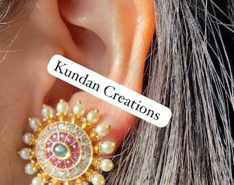 Kundan Stud Diamond Earrings /Indian Studs/Indian Jewelry/Ruby Green Studs/Statement Stud Earring/Kundan Stud Earrings