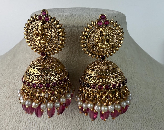 Gold plate  Ruby  Jhumka /Earrings Temple Jewelry /Wedding special Gold Jhumkas /Indian wedding/Kundan Jhumka