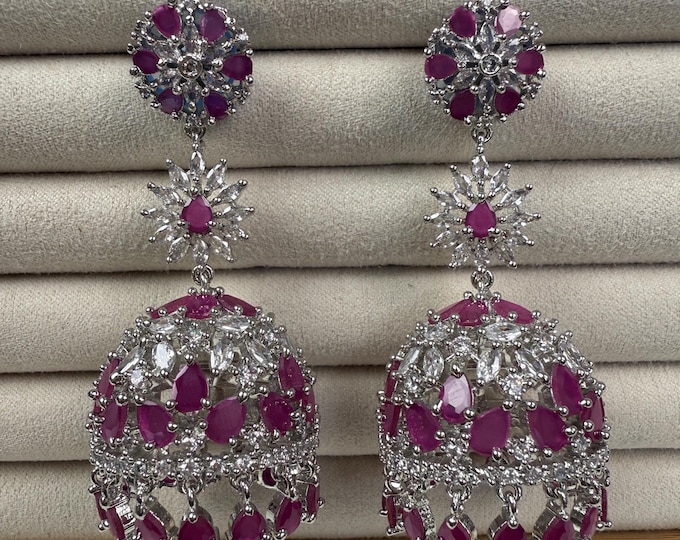 Diamond Ruby Jhumka Earrings/ Indian Jewelry Indian Earrings/American Diamond jhumka/CZ Ruby Earrings/Indian jhumka