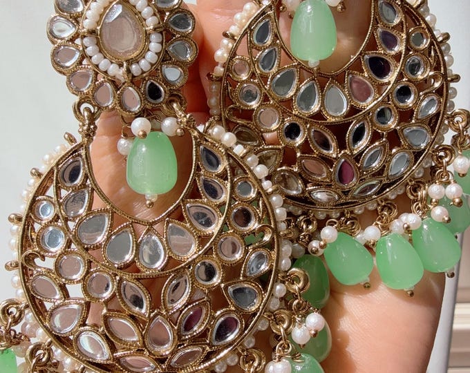Mirror chandbali earrings/Kundan Mint  Earrings /Statement earrings /Mint earrings/Pearl drop earrings/Mirror Jhumka /Bridesmaid Earrings