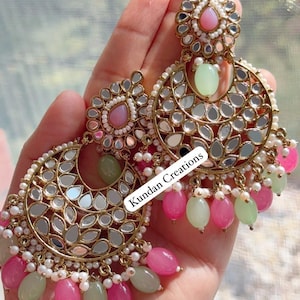 Mirror chandbali earrings/Mint Pink  Earrings /Statement earrings /Bridal earrings/Pearl drop earrings/Mirror Jhumka /Mint pink jhumka