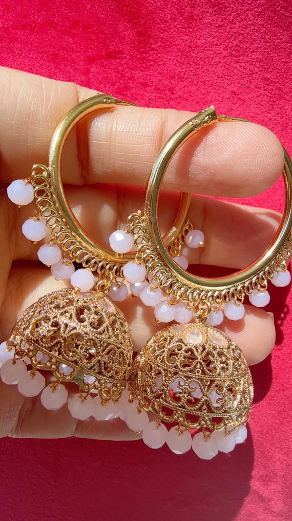 Kundan Polki Baby Pink  hoops Earrings Punjabi Bali Hoops /Indian Earrings/Indian Wedding Sangeet Jewelry /Kundan Jhumka /Bridesmaid Jewelry