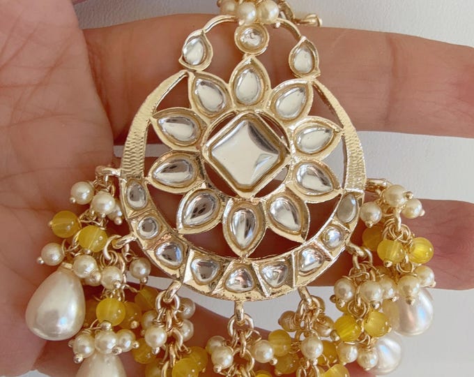 Yellow Kundan Maang tikka /Gold tika /Indian tikka/Bridal Maang tikka/ Bollywood jewelry/Matha Patti/ Yellow Indian jewelry/