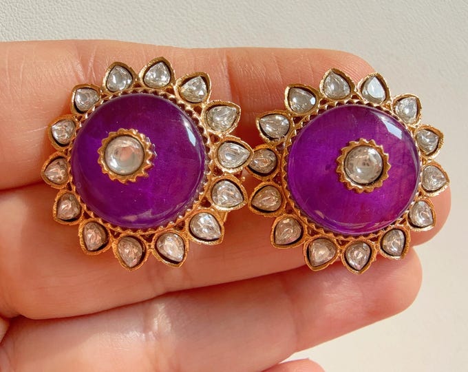 Purple  Doublet stud  Earrings/Moissanite  diamond Kundan Studs /Indian Jewelry /Statement Stud Earring/Indian studs