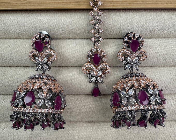 Victorian Rose Gold finish Ruby CZ earrings and Mang tika set/Bridal Maang tikka earring set / Indian jewelry/American diamond Ruby earrings