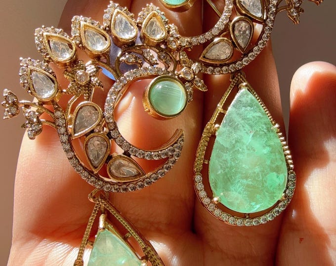 Sabyasachi-Inspired Moissanite Mint kundan Earrings/Elegant Statement Jewelry/Moissanite Mint Earrings/Bridal Diamond earrings