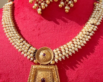 Collana placcata oro verde Siya / Choker indiano / Collana Guttapusalu / Gioielli da tempio / Gioielli dell'India meridionale / Gioielli da matrimonio indiani