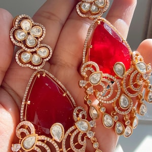Big Doublet Stone  Moissanite Ruby diamond  Chandbalis  Earrings Next to real//Moissanite Earrings/Bridal jewelry